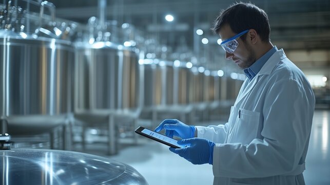 Scientist using digital tablet in modern food processing facility