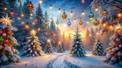 Naklejka premium Double Exposure of Christmas Lights with Illustrative Elements for Festive Vibes