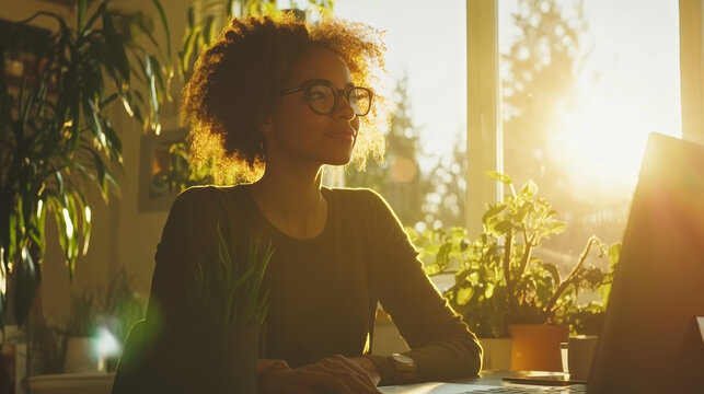 A woman with curly hair sits at desk, gazing thoughtfully out window as sunlight streams in, illuminating plants around her. warm glow creates serene atmosphere