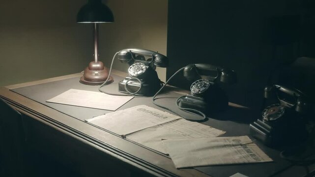 In the semi-darkness there is an old-fashioned Soviet-era table with a lamp, newspapers and black, gloomy rotary telephones. Closeup. Shot in motion