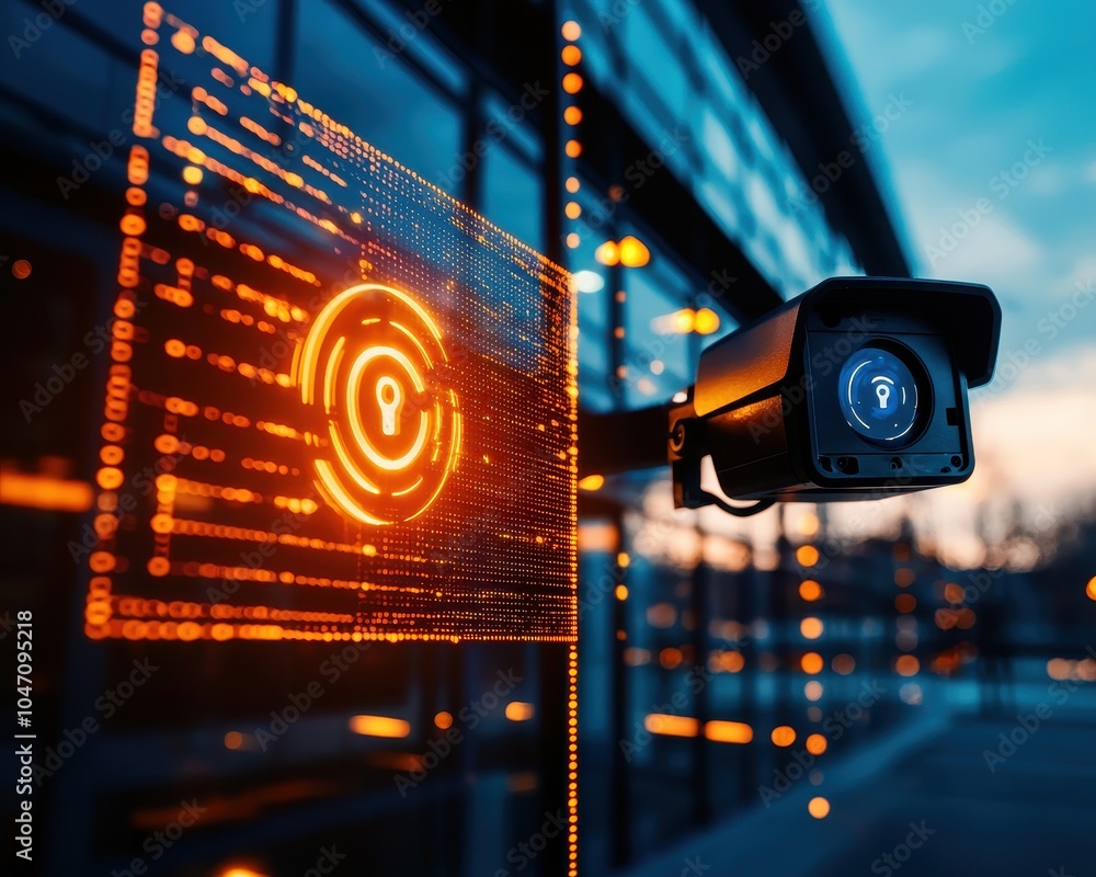 Poster surveillance camera with digital overlay at dusk, capturing data and enhancing security.