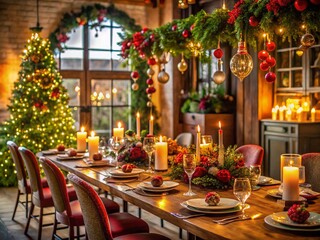 Obraz premium Elegant Christmas Lunch Invite in Festive Architectural Setting with Holiday Decor and Table Setting