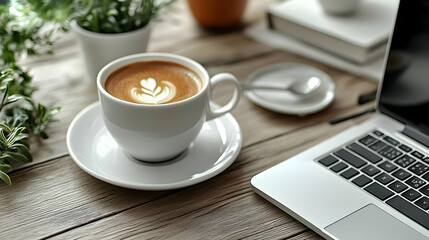 Coffee and Laptop on Wooden Table - Still Life Photo