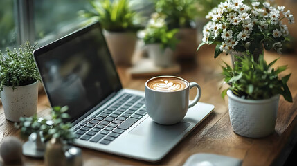 Laptop, Coffee, Plants -  Photo