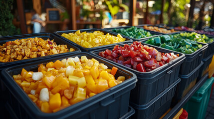 Freshly cut vegetables in vibrant colors are displayed in black containers at market, showcasing variety of healthy options. scene is lively and inviting, perfect for food lovers