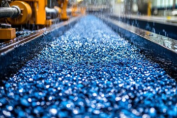 Fototapeta premium Blue Pebbles Flowing Down a Conveyor Belt in a Factory Setting