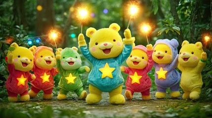 Obraz premium A group of cartoon animals, dressed in colorful sports clothes, hold glowing torches as they march together in a lively sports competition.