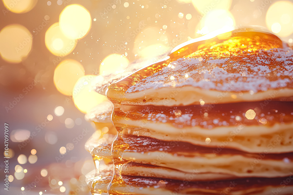Poster stack of pancakes with powdered sugar on top. the pancakes are piled high and look delicious. the im
