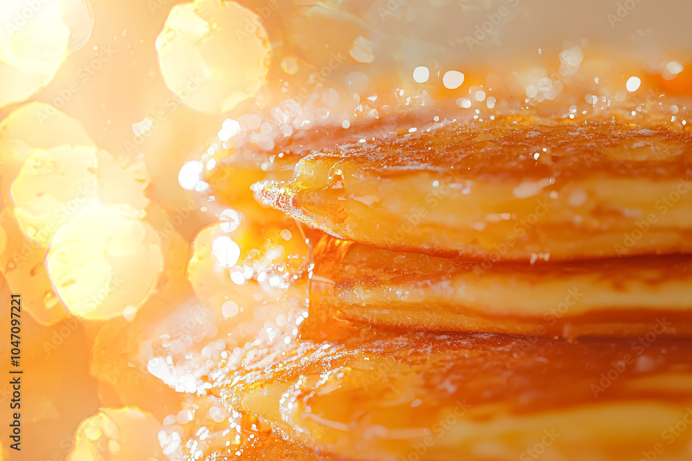 Poster stack of pancakes with powdered sugar on top. the pancakes are piled high and look delicious. the im