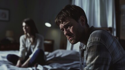 Fototapeta premium A man with a beard sits on a bed in a dimly lit room, his face reflecting sadness. A woman sits behind him, out of focus.