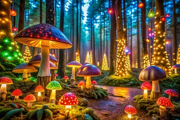 Enchanted Christmas Lights on Colorful Mushrooms in a Magical Forest Setting