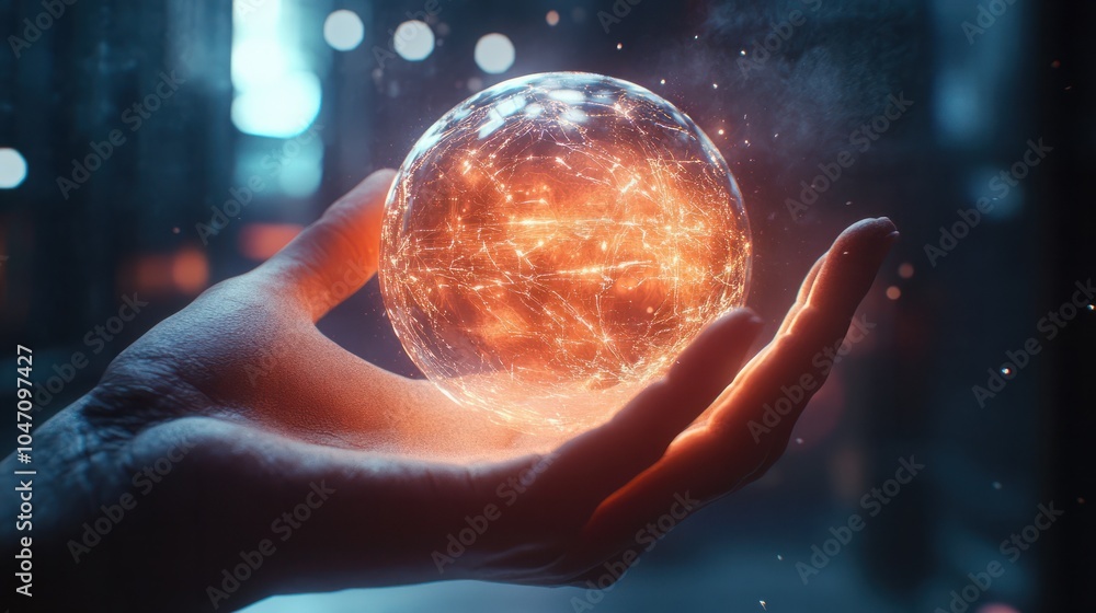 Poster hand holding a glowing ai sphere symbolizing the power and potential of artificial intelligence.