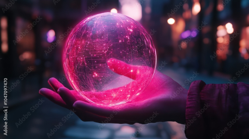 Poster hand holding a glowing ai sphere symbolizing the power and potential of artificial intelligence.