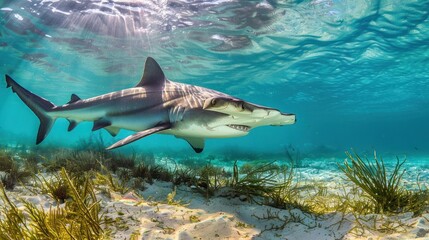 Obraz premium Hammerhead Shark Swimming Through Clear Blue Water