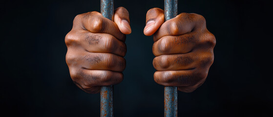 Dark hands gripping metal bars, symbolizing confinement and struggle. image evokes sense of tension and resilience in face of adversity