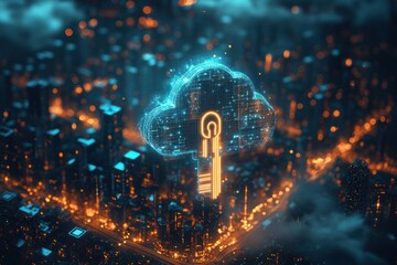 A glowing key-shaped cloud icon over a digital cityscape
