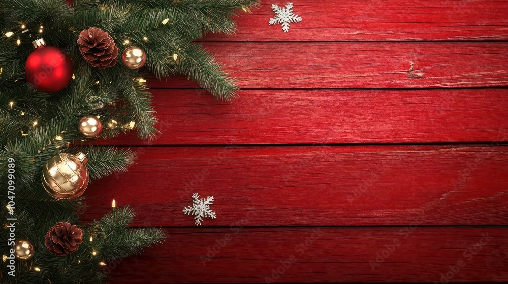 Wall mural holiday theme with wooden surface red backdrop and decorated tree