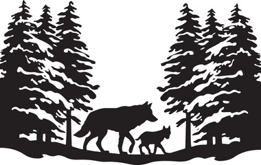 Wolf and Baby Forest Silhouette Vector Graphic