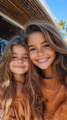 Fototapeta premium Happy mother and daughter smiling together, enjoying fun day out in sun. Their joyful expressions and beautiful hair capture moment of love and connection
