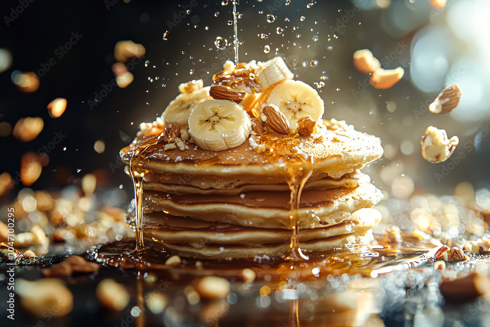 Poster stack of pancakes with bananas on top. the pancakes are golden brown and the bananas are sliced and 