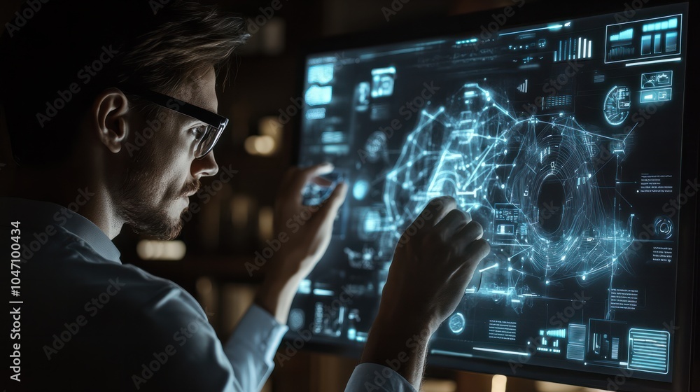 Poster man using smart panel device at home