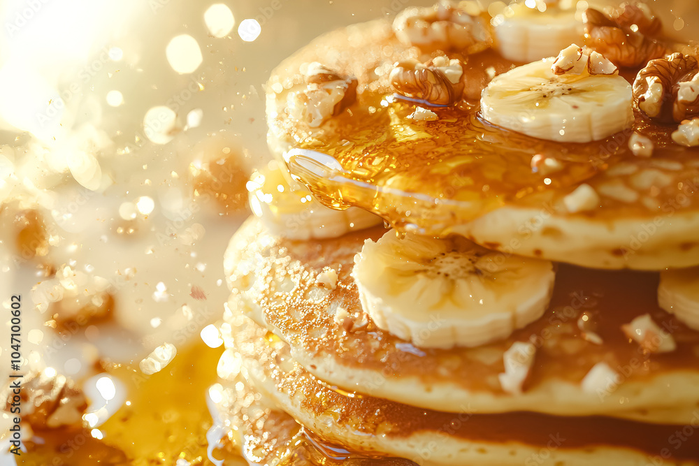 Poster stack of pancakes with bananas on top. the pancakes are golden brown and the bananas are sliced and 