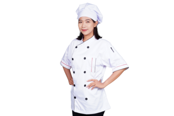 Asian woman chef in uniform making hand gesture isolated transparent