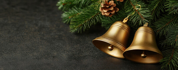 Obraz premium Golden Christmas handbells are beautifully arranged with pine branches and cones, creating festive atmosphere perfect for holiday celebrations