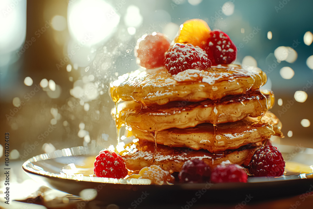 Poster stack of pancakes with powdered sugar and raspberries on top. the pancakes are piled high and the ra