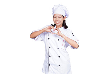 Asian woman chef in uniform making hand gesture isolated transparent