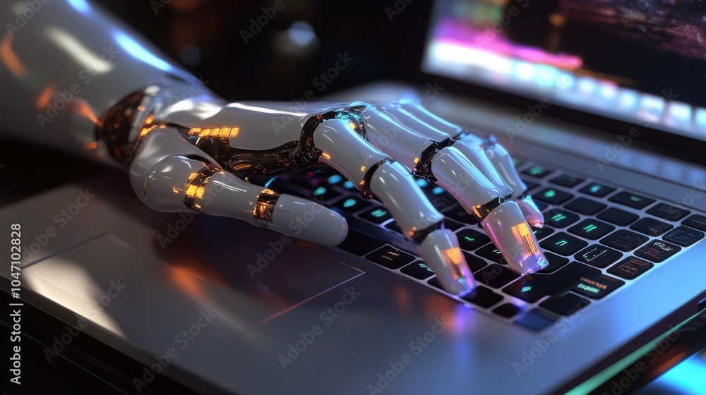 Poster robotic hand pressing a keyboard on a laptop 3d rendering