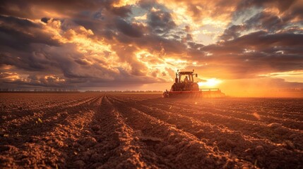 Fototapeta premium Tractor Working a Field at Sunset with Dramatic Clouds