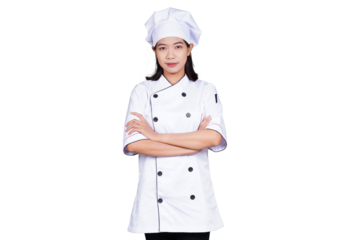 Asian woman chef in uniform making hand gesture isolated transparent