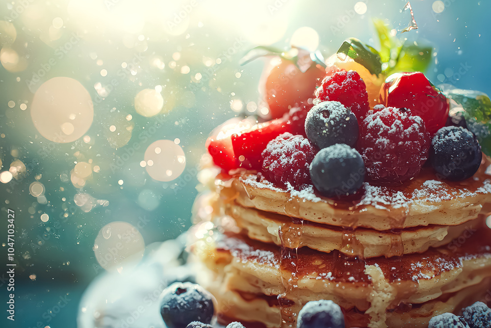 Poster stack of pancakes with powdered sugar and raspberries on top. the pancakes are piled high and the ra