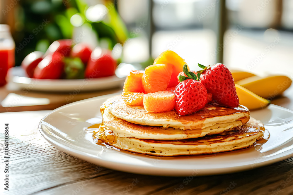 Poster stack of pancakes with powdered sugar and raspberries on top. the pancakes are piled high and the ra