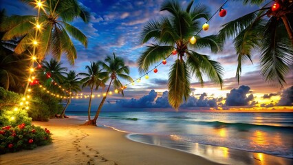 Fototapeta premium Enchanting Night Photography of a Christmas Beach Scene with Holiday Decorations and Twinkling Lights