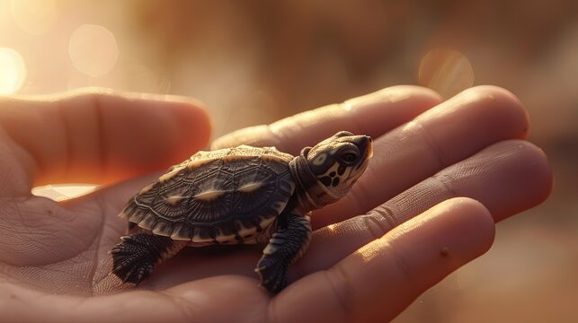 A tiny turtle rests in the palm of a hand, basking in the warm glow of the sunset.