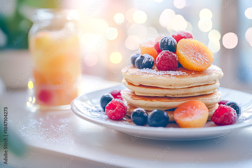 Poster stack of pancakes with powdered sugar and raspberries on top. the pancakes are piled high and the ra
