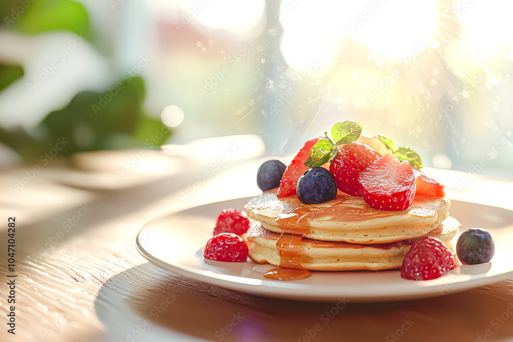 Poster stack of pancakes with powdered sugar and raspberries on top. the pancakes are piled high and the ra