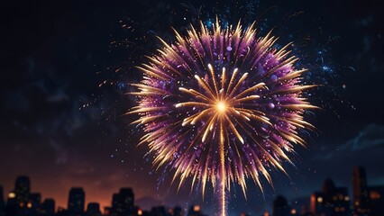 Brilliant Fireworks Display Over City&rsquo;s Skyline, Tall Skyscrapers Illuminated by Festive Colors at Night: Captivating Celebration of Light and Architecture in Stunning Urban Setting