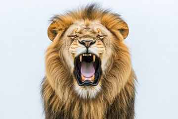 Obraz premium A powerful lion stands isolated, letting out a fierce roar. Its golden mane frames its face as it showcases its dominance in the wild under a clear sky at midday.