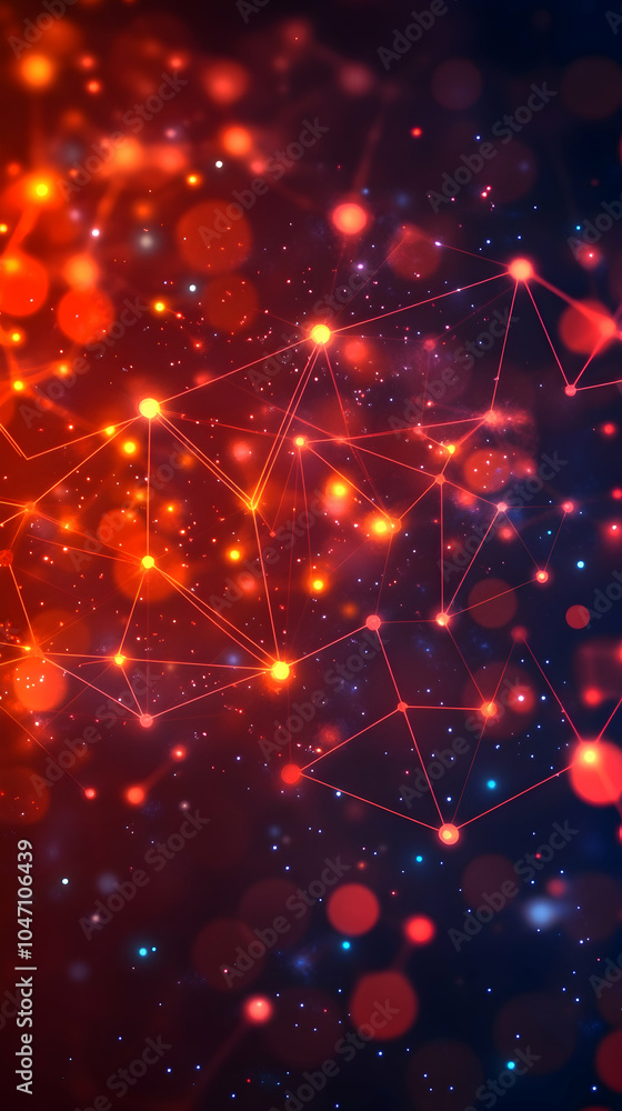 Poster abstract red and blue glowing network with connected dots on dark background.