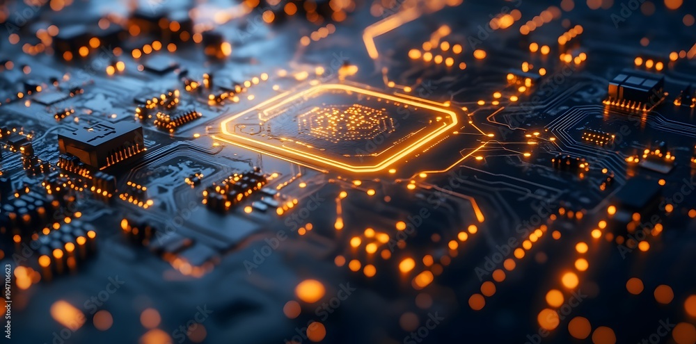Poster a close-up view of a circuit board with glowing components, representing technology and innovation.