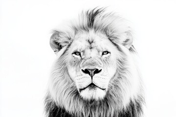 Fototapeta premium The lion stands proudly at the center, showcasing its powerful features and expressive eyes. The stark contrast enhances the animals majestic aura and details of its mane.