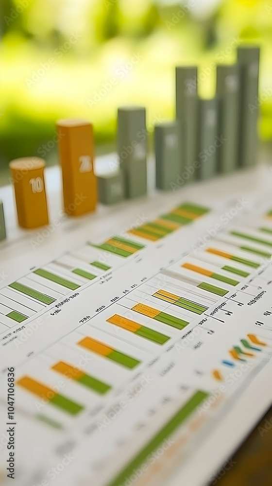 Poster a bar chart of a financial report shows progress over time.