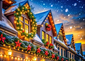 Fototapeta premium Festive Architectural Photography for Christmas Website Banner with Cozy Atmosphere and Vibrant Decorations