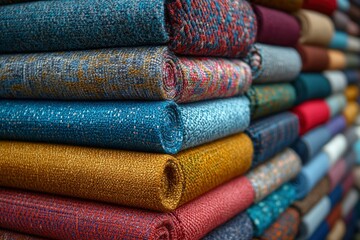 Stack of Rolled Fabric in Various Colors and Patterns