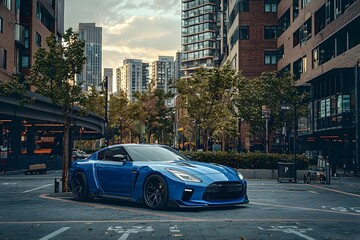 Obraz premium Blue sports car parked in modern urban setting during sunset