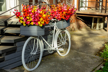 Brightly colored flower arrangements in baskets on a white bicycle by the steps of a rustic building in autumn.