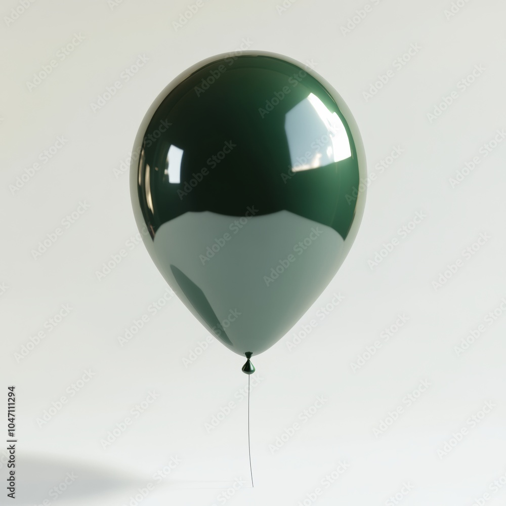 Poster a 3d render of a single glossy green balloon floating mid-air, casting soft reflections on a clean w
